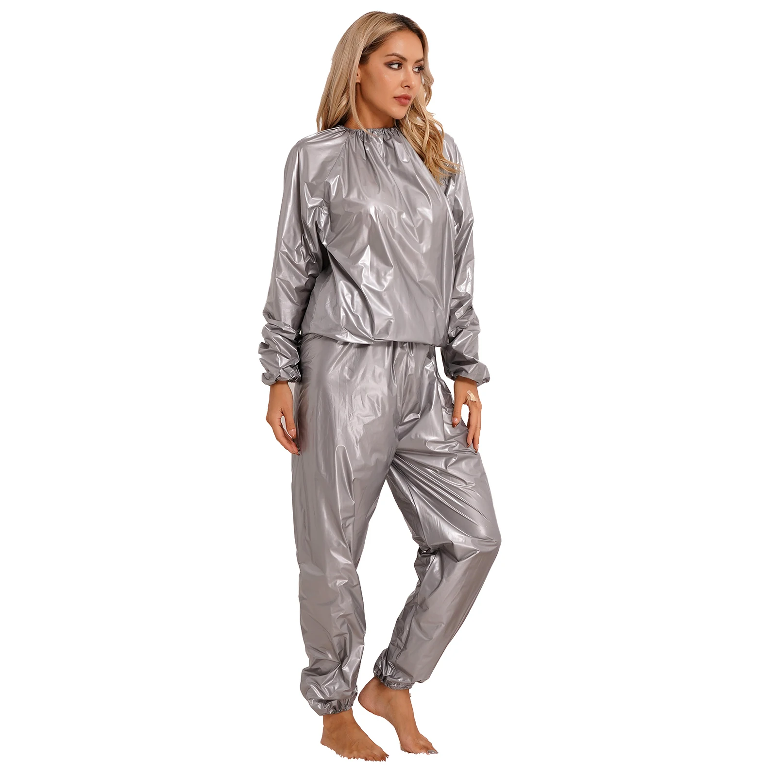 2Pcs Women Sauna Suit PVC Long Sleeve Elastic Cuff Top Pants Set Fitness Gym Workout Outfit Sweat Suits for Adults Clothes Sets