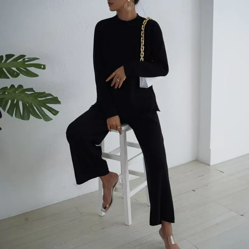 Ensemble 2 Pièces Haut de Gamme pour Femme, Pull à Manches sulfet Pantalon à Jambes Larges, Tenue Décontractée, Couleur Unie, Nouvelle Collection