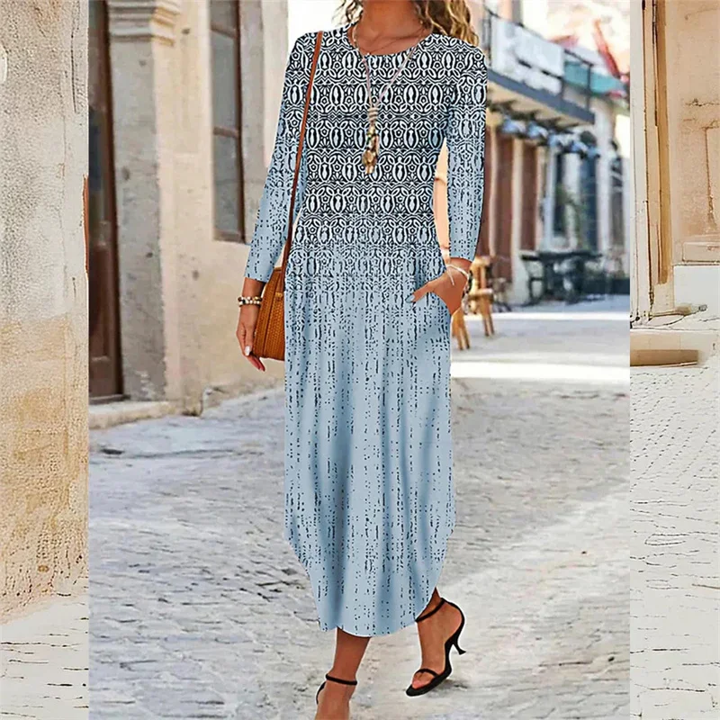 Elegant Print Side Pocket Dresses Women O Neck Pullover Long Sleeve Dress Spring Autumn Korean Casual Commuter Frock Female Gown