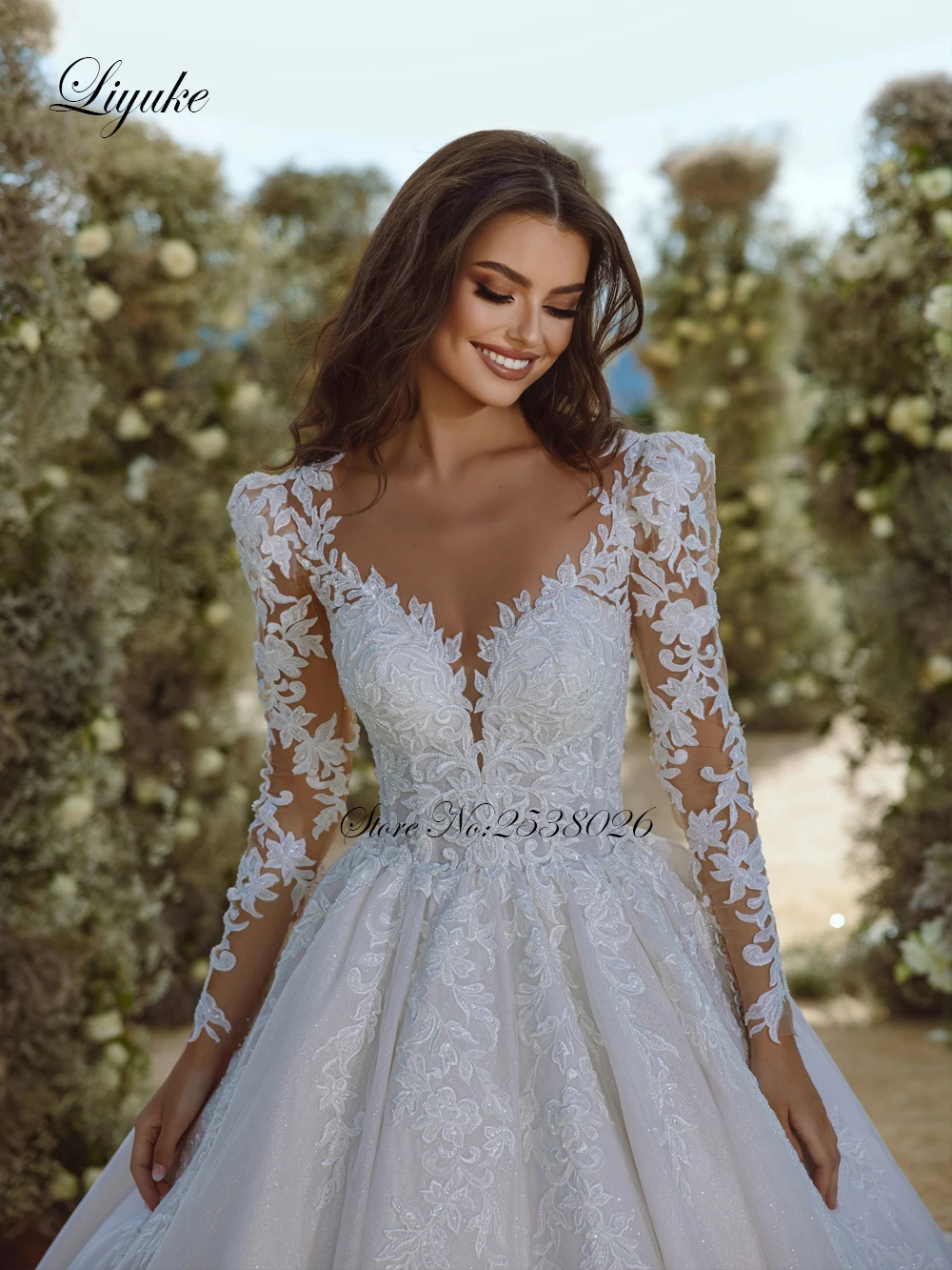 Liyuke Elegant V-Neck Ball Gown Wedding Dress Beading Pearls Embroidery Lace Full Sleeves Vestido De Noiva