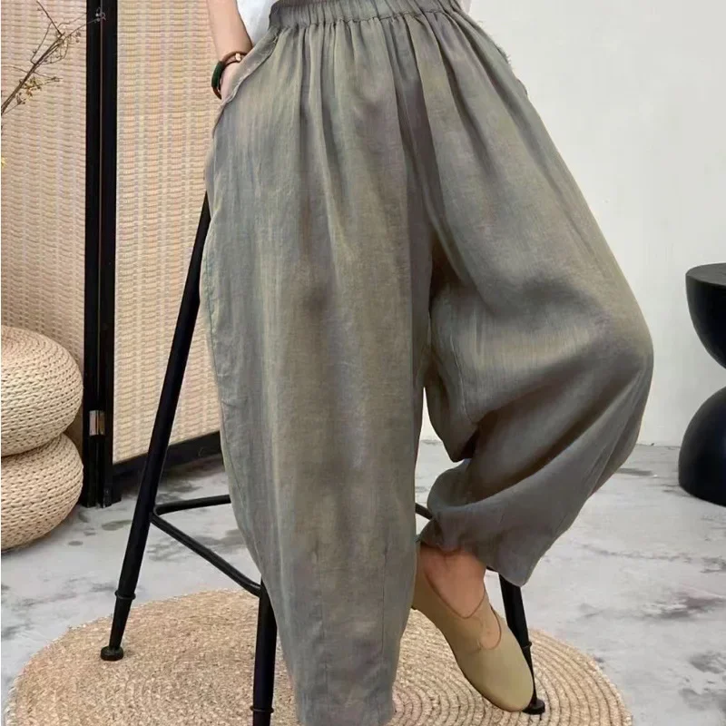 التخسيس لون نقي النمط الياباني سراويل تقليدية فضفاضة مرونة الخصر رقيقة تسع نقاط سراويلي حريمي الصيف فضفاضة تناسب بنطلون #1