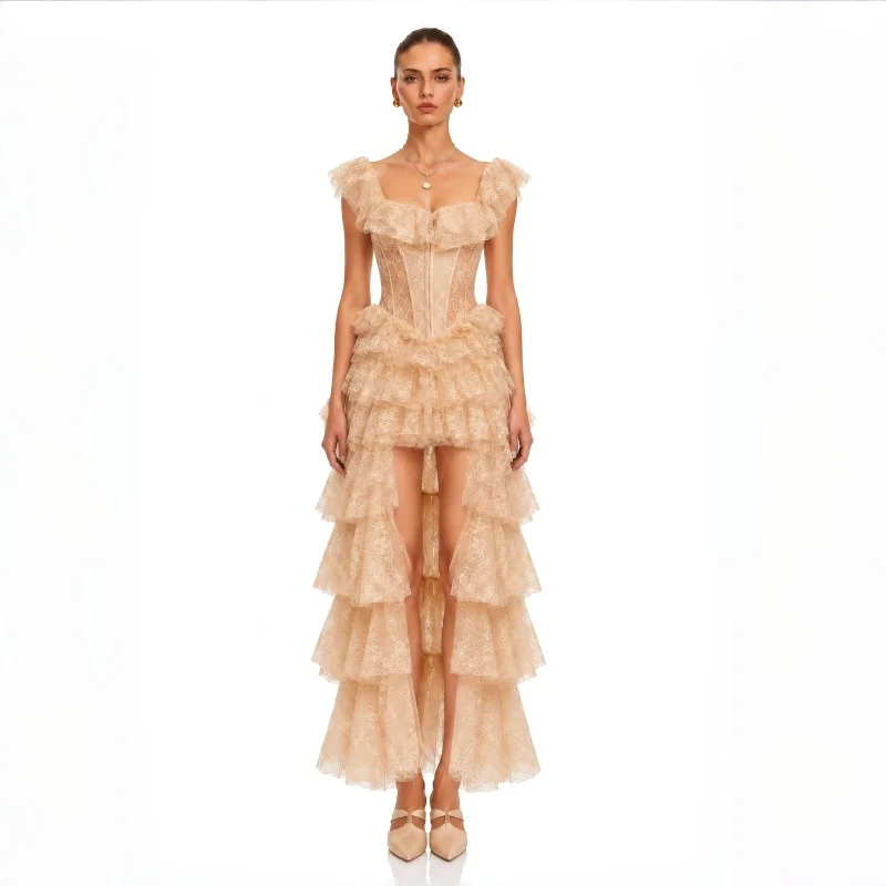 Customized Champagne Lace Tulle Mother Of The Bride Gown Off Shoulder Ruffle Corset Tiered High Low Layered Formal Evening Dress