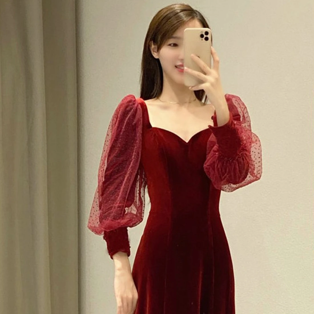 Velvet Prom Dress A-line Floor-length Gown with Sleeves Prom Dresses Customized