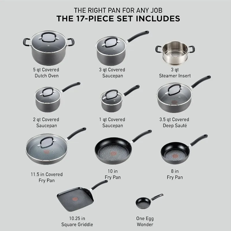 T-fal Ultimate Hard Anodized Nonstick Cookware Set 17 Piece,Oven Broiler Safe 400F,Lid Safe 350F,Kitchen Cooking Set w/ Fry Pans