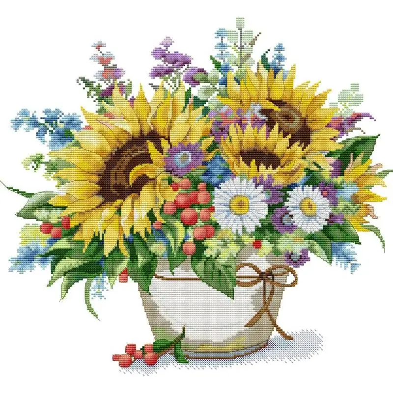 

Sunflower Daisy Vase Counted Stamped Cross Stitch Set DIY Floral Embroidery 14ct 16ct 11ct White Printed Fabric DMC Thread Kits