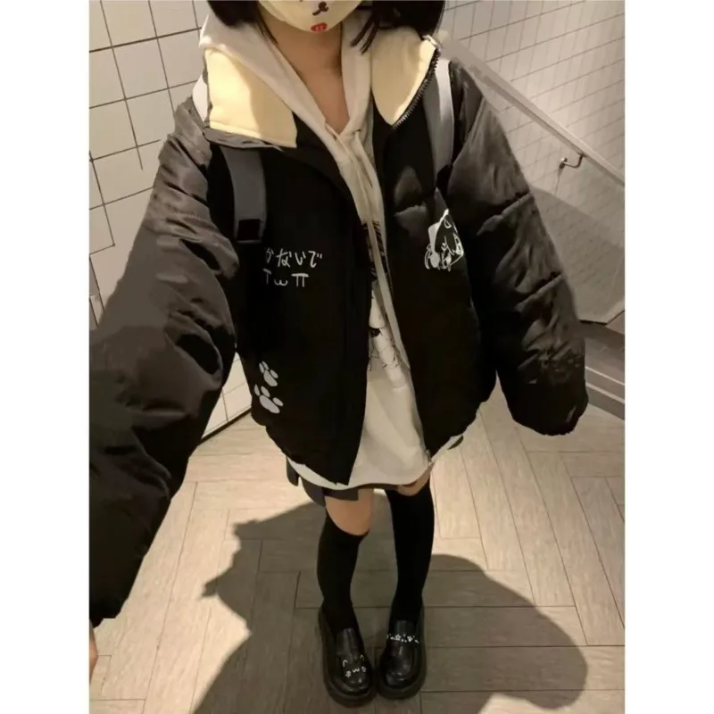 Winter New Preppy Kawaii Cotton-padded Jacket Japanese Subculture Cute Anime Print Coat Women's Retro Harajuku Y2k Loose Outwear