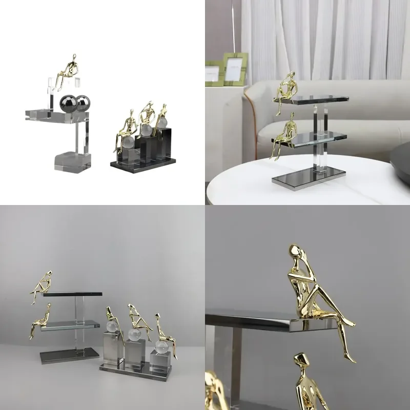 Nordic Creative Geometric Crystal Metal Statuette Ornament for Living Room Porch TV Cabinet Model House Home Decoration