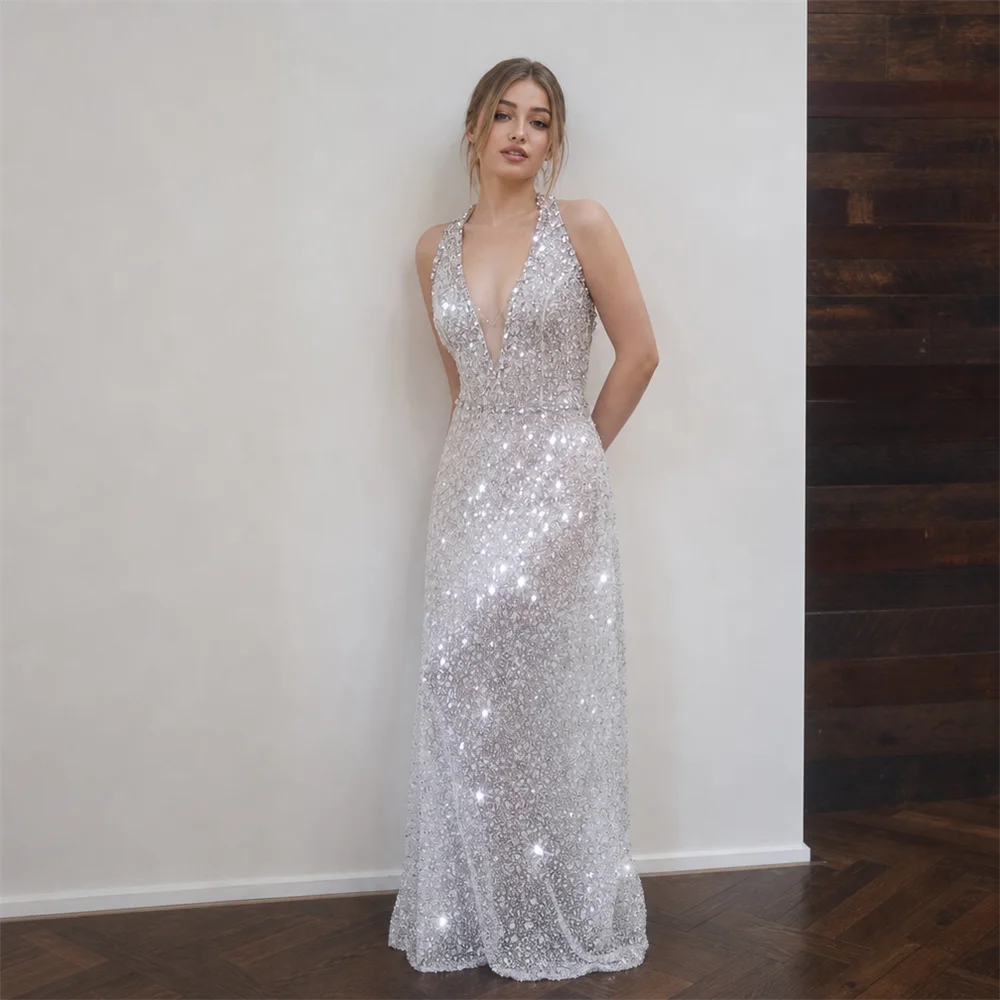Luxury Sequin Halter Evening Dress Backless Prom Gown for Birthday Debutante Formal Party Wedding Banquet Bridesmaid Dresses