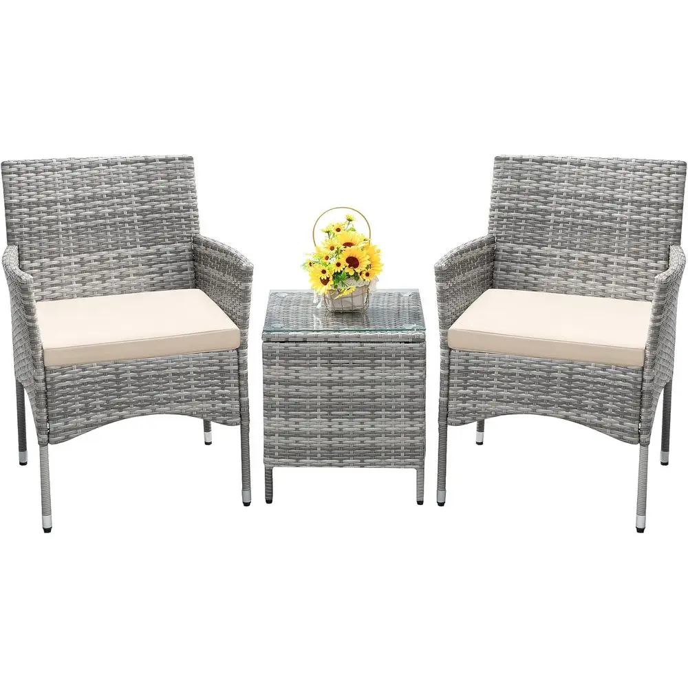 

Light Grey Outdoor Patio Furniture Set with Rattan Wicker Chairs and Table for Garden Porch