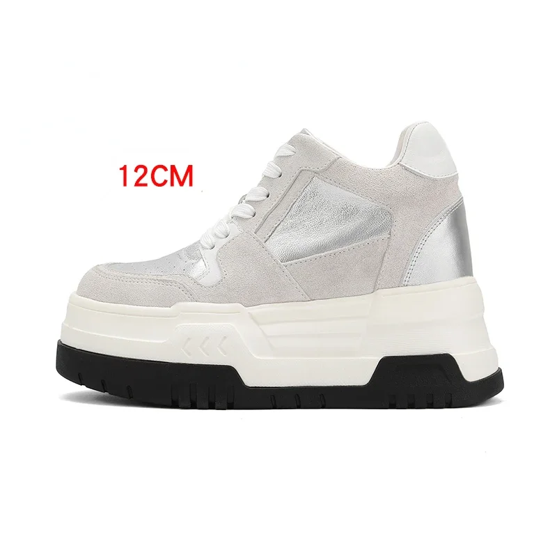 Genuine Leather Height Increasing Shoes for Women's Increased 14cm Design Casual Shoe Europe/American Silver Gray Elevated Shoes