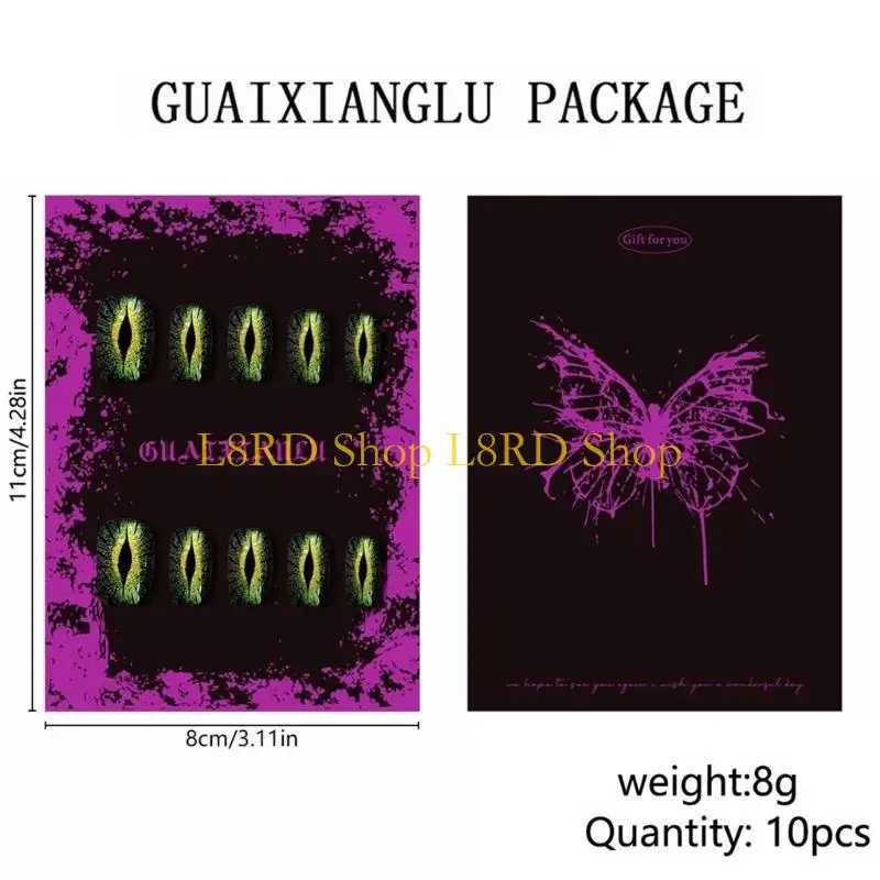 L8RD 30Pcs Short Press On Square False with Devil Eye and Shimmery Designs Glossy Glues On for Women