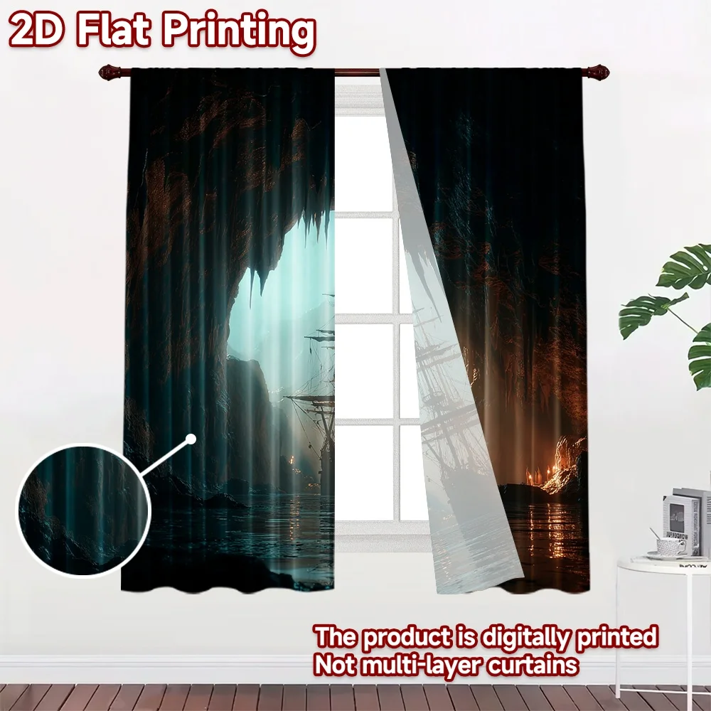 2D flat printing 2pcs Drapes Cave Ship Foggy Ocean Digital Printed Polyester Drapes Party Decorations Perfect for Photo Booths &