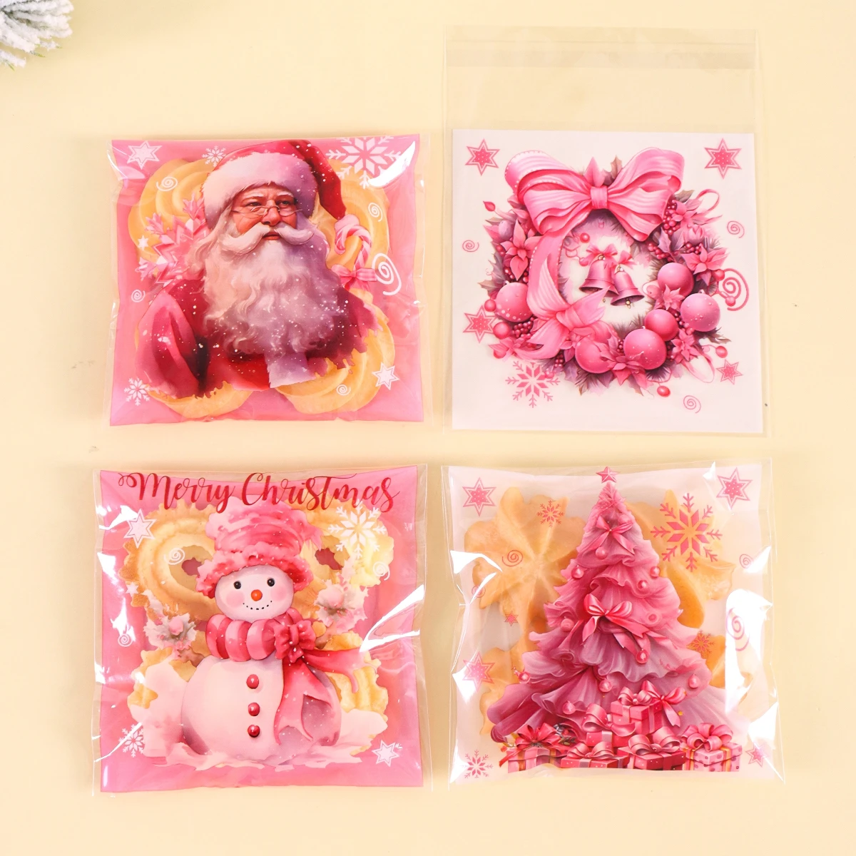50/100 Stück rosa Weihnachts-Süßigkeitsbeutel, selbstklebende Geschenktüten, Kekse-Snack-Beutel, 2022, Navidad, Weihnachten, Neujahr, Party-Dekoration, Zubehör – Detail 1