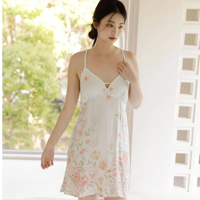 

Viscose Spaghetti Strap Nightgown for Women French Romantic Style Floral Print Slip Dress Deep V & Backless Design Soft Draping