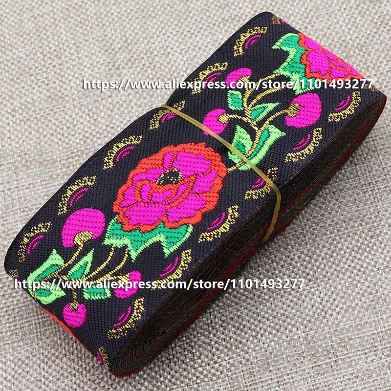 7 Yards 5cm Jacquard Ribbon Flowerd Pattern Ethnic Lace Trim Embroidered Woven Webbing Tape For Clothing Bag Sewing Fabric