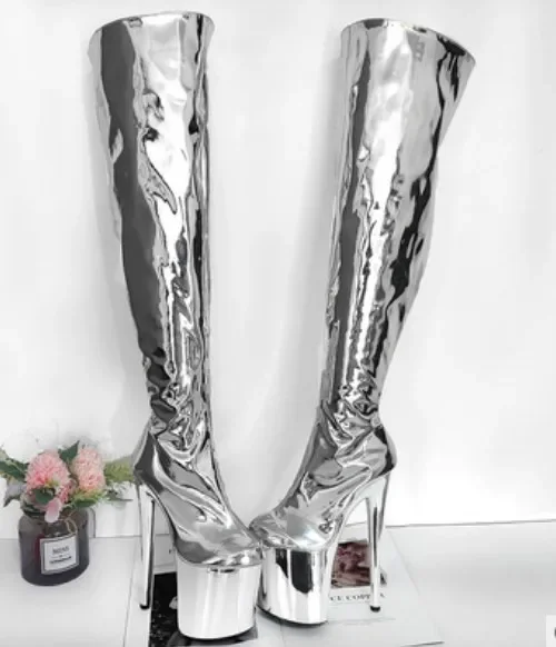 20cm knee-high boots, pole dancing boots, all-silver shoes for performance, silver plated dancing shoes