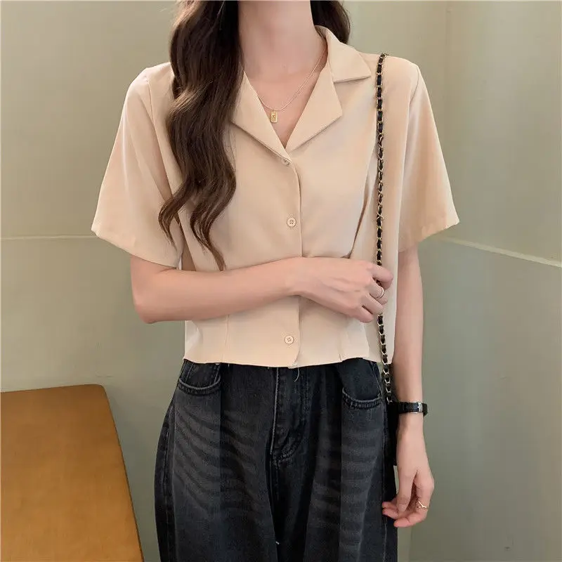 Shirts Women Summer Vintage Temperament Crop Tops New Arrival Stylish Simple Tender All-match Casual Notched Female Korean Style