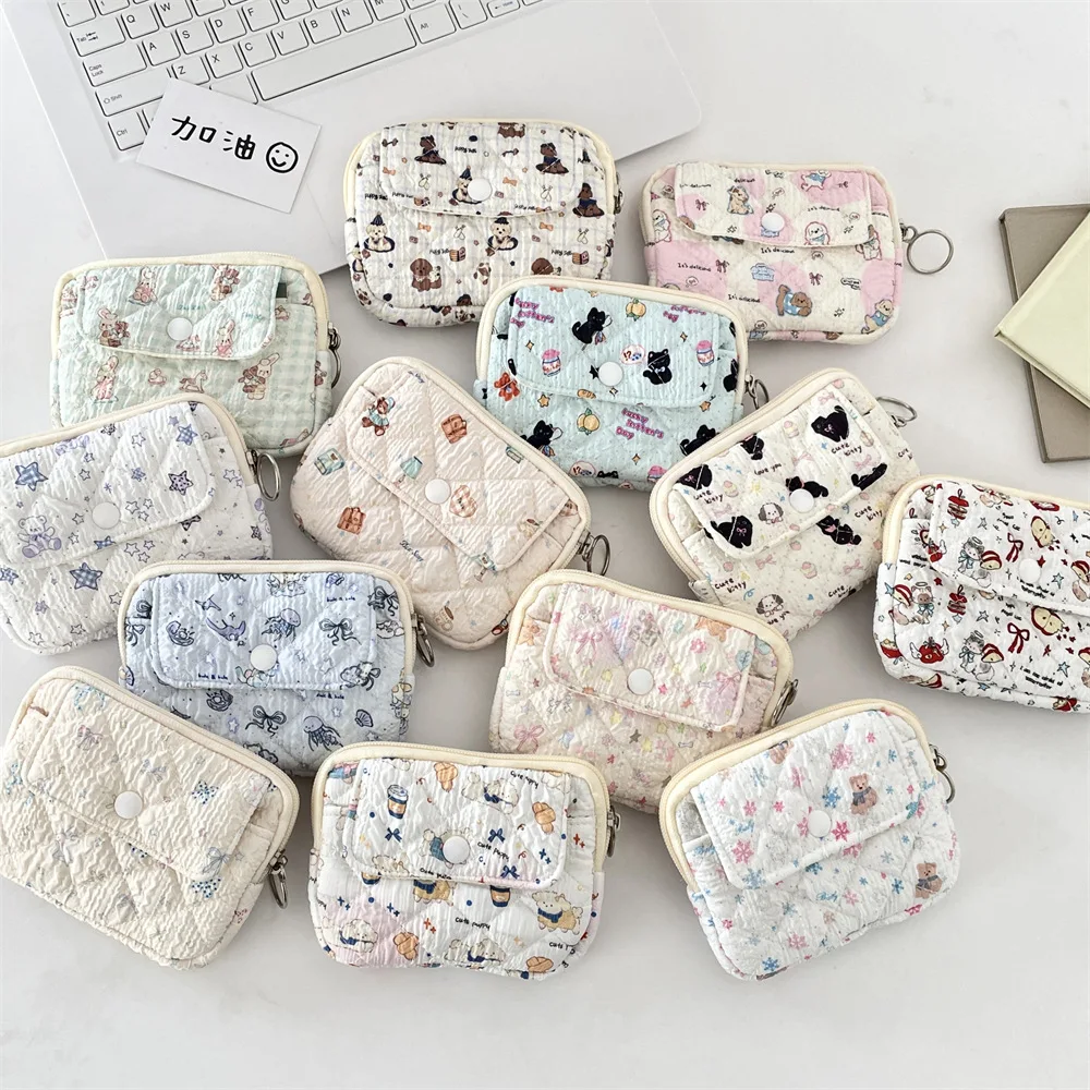 Cute Cartoon Quilted Flip Card Holder Women Mini ID Bag Multifunctional Zipper Coin Purse Portable Credit Card Storage Wallet