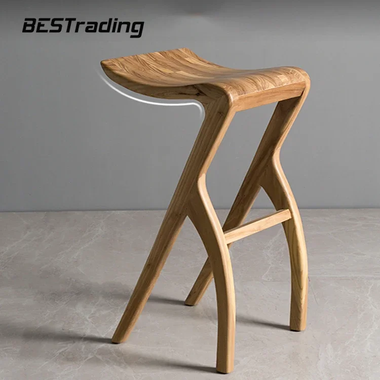 Sgabello da bar di design moderno di lusso nordico OEM, sgabello alto imbottito in tessuto di legno massello naturale