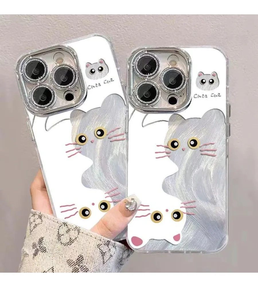 Cat Cartoon Print Laser Phone Case For iPhone 12 13 14 15 16 17 Electroplated Diamond Lens Frame Sweet White Base Cover