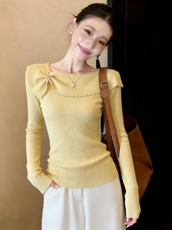 

Spring New Sle Women's Knitted Sweater One oulder Knot Heavy Beading Slimming Base Layer irt Gentle Wind