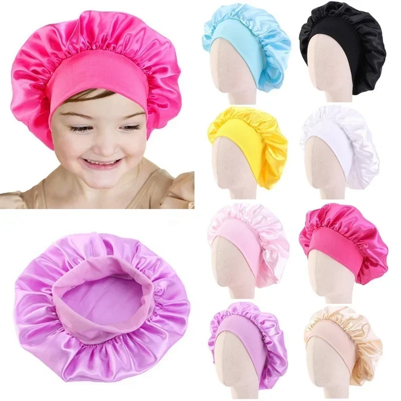 8 Colors Kids Girls Boys Silky Satin Bonnet Cap Turban Hat Wide Elastic Bands Night Sleep Cap