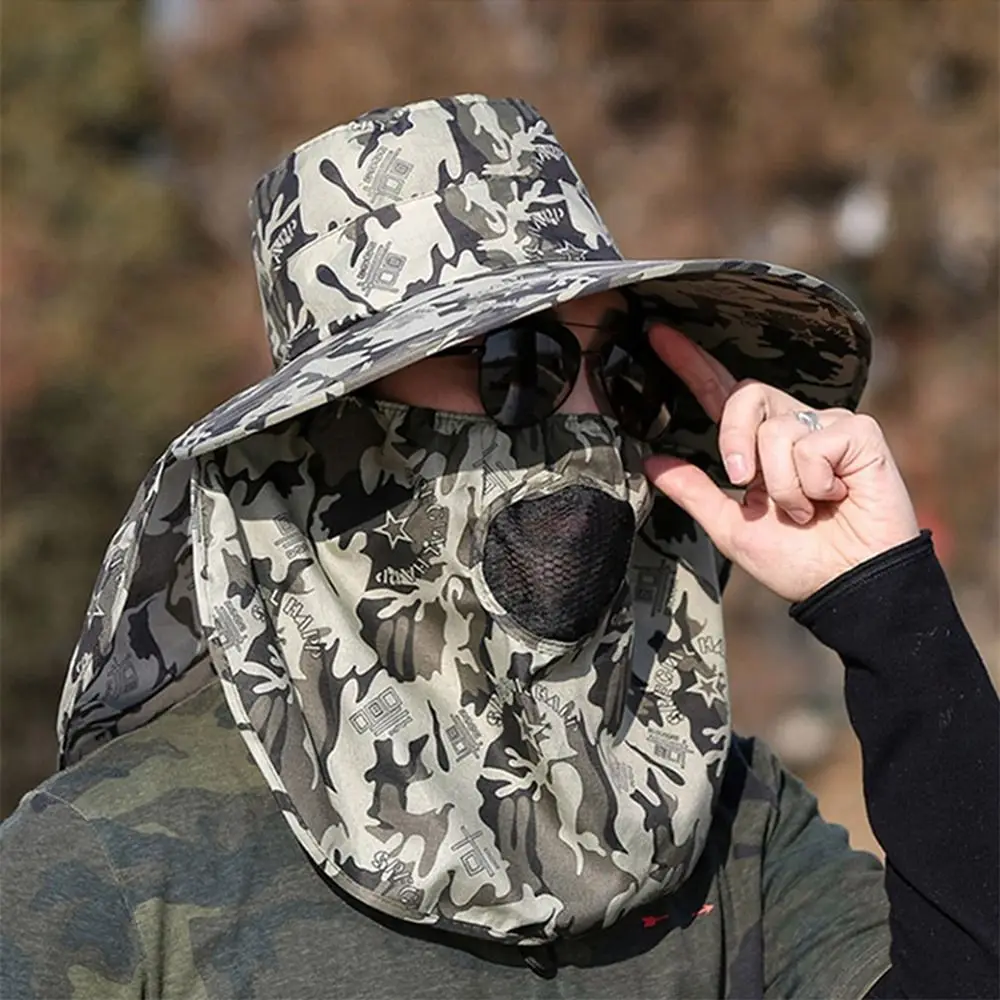 Camouflage Quick-drying Men Women Hat Outdoor Face Mask Wide Brim Bucket Hat Sun Protection Wide Brim Cap for Fishing Hunting