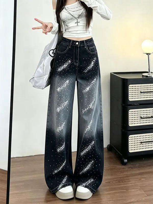 Jeans de pierna ancha de cintura alta para mujer, estilo holgado y adelgazante, con brillo y cambio gradual de color, Colección Verano 2026