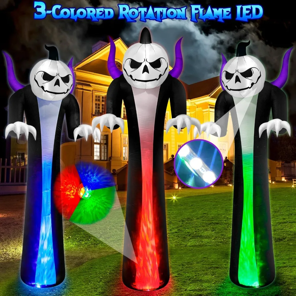 Reaper di zucca gonfiabile gigante per Halloween all'aperto con fantasma e spettacolo di luci a fiamma a LED a 3 colori