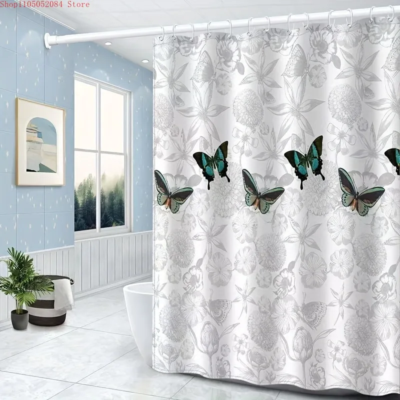 1pc thickened polyester shower curtain gray  -   With Hooks Waterproof Mildew Proof Easy Install Washable