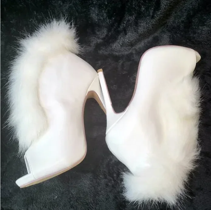 Sexy Ladies Peep toe Real Fox Fur Wrapped Ankle Boots Platform Thin High Heels Fur Boots Women Street Runway Short Bottines