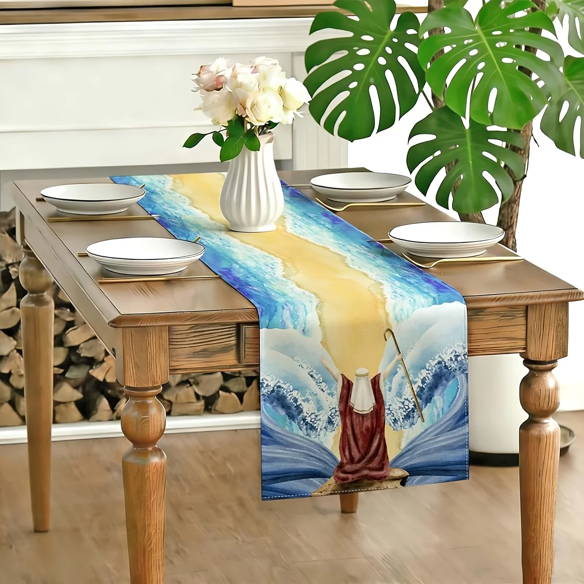 Jewish Passover Table Runner, Pesach Decor, Green Golden Red Sea Crossing Design, Festive Table Centerpiece for Dining Kitchen H