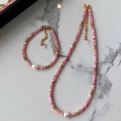 New Arrival Trendy Pink Crystal & Natural Freshwater Pearl 14K Gold Filled Female Jewelry Set For Women Necklace Bracelet Gifts