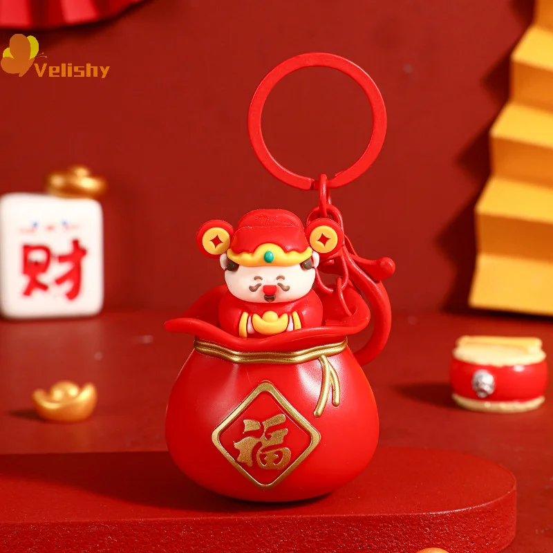 Cartoon Cute New Year Keychain Pendant Chinese Style God Of Wealth Figurine Keyring Backpack Decoration Accessories Gifts