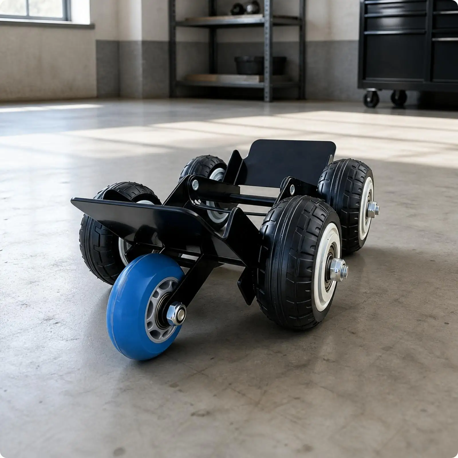Tire Emergency Booster with Three Large Black Wheels Motorcycle Support Device for Garage Maintenance and Travel