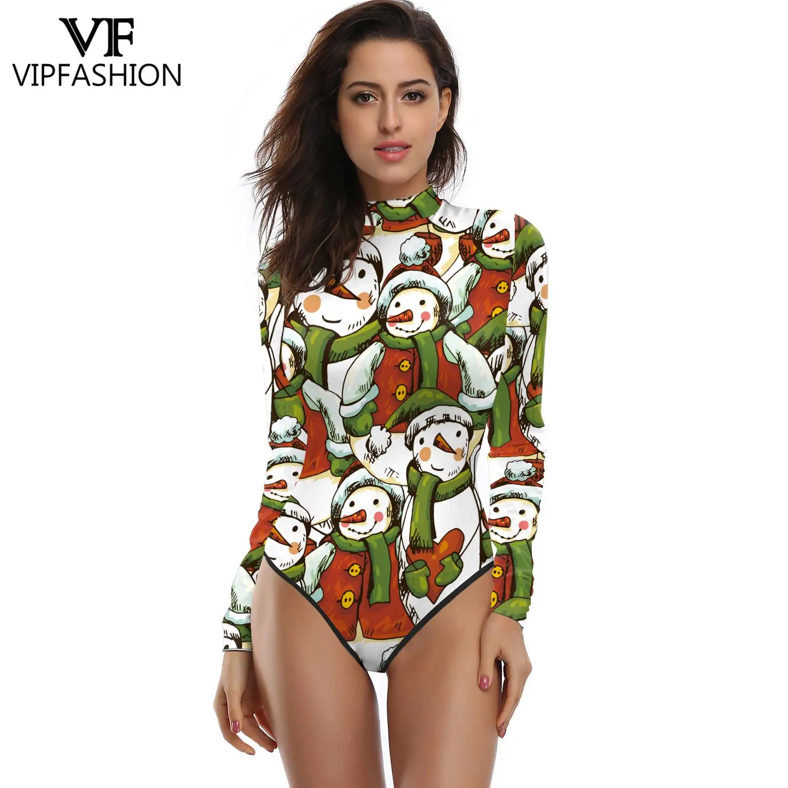 VIP FASHION Sexy Cosplay Costumes Xmas Jumpsuit Zentai Christmas Tree Elk Print Party Long Sleeve Bodysuit Swimsuits Fancy Dress