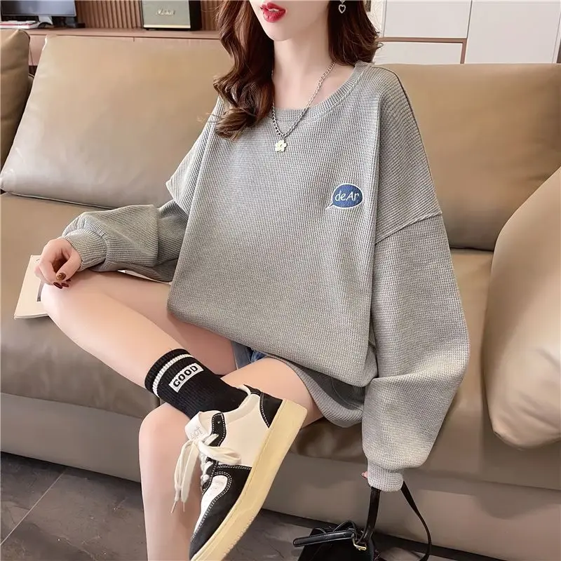 Waffle Amerikan Tarzı Tişörtü Femme İlkbahar Sonbahar kadın kıyafetleri Tiki Tarzı Karikatür Işlemeli Rahat Üst Tee Ceket Kadın