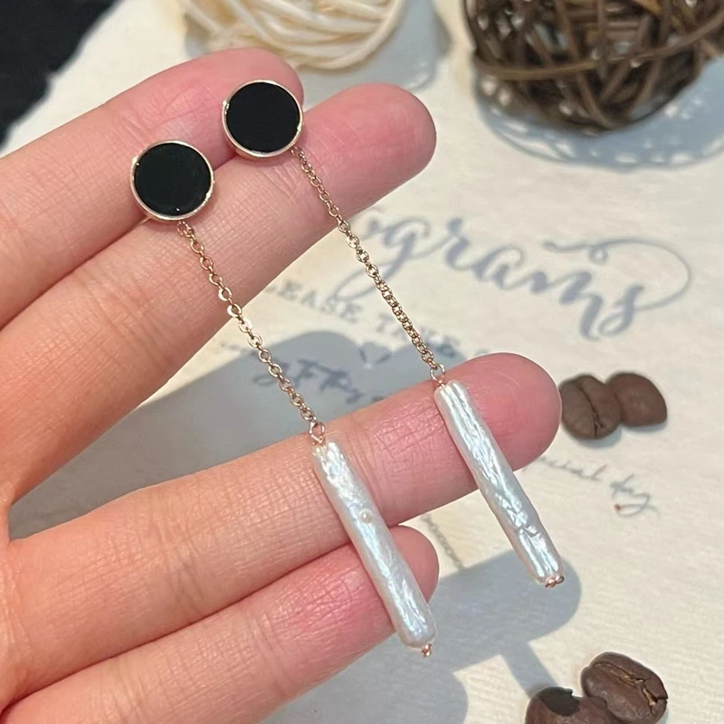 Simple and Fashionable Natural Freshwater toothpicks Pearl Rectangular Baroque Black Long Earrings Temperament Jewelry Gift