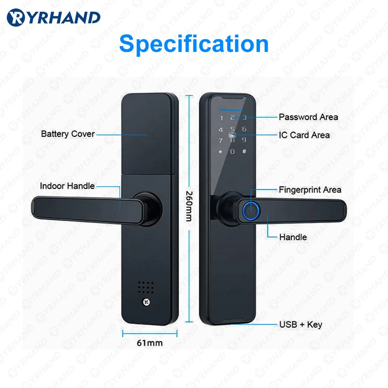 YRHAND K7 fechadura eletronico digital Biometric Black Smart Lock Tuya App Remote Unlocking wifi Lock Electronic Smart Door Lock