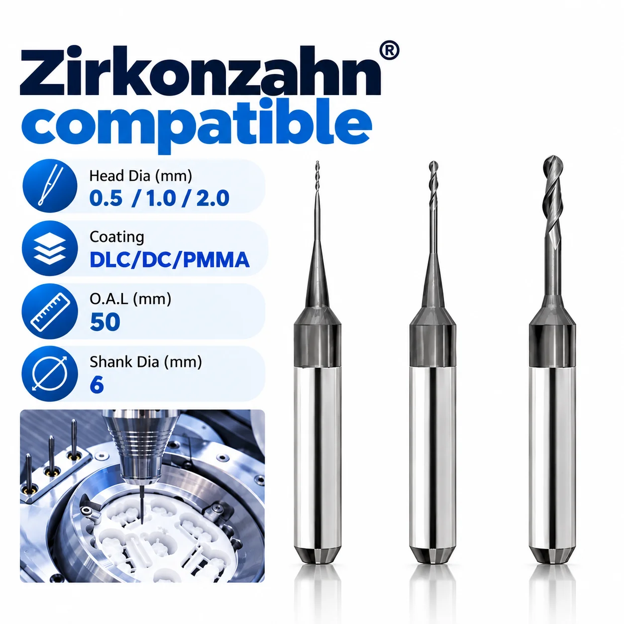 ZirkonZahn M1/2/4/6 PMMA Milling Burs Zirkonzahn Zirconia Zirconia Fresa Milling Cutter Zirkonzahn 0.6mm Flat End for Dental Lab