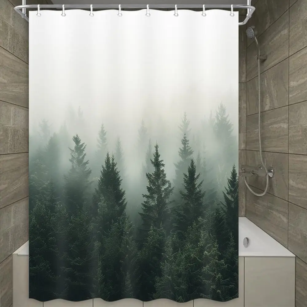 

Green Misty Forest RV Shower Curtain Nature Shower Curtain Set Pine Tree Jungle Mountain Plant Rustic Scenery Landscape Shower