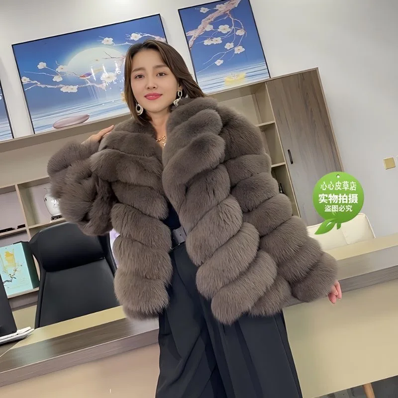 QUEENTINA Winter New Women\'s Real Fox Fur Coat With Collar Overcoat Leather Female Natural Plus Size