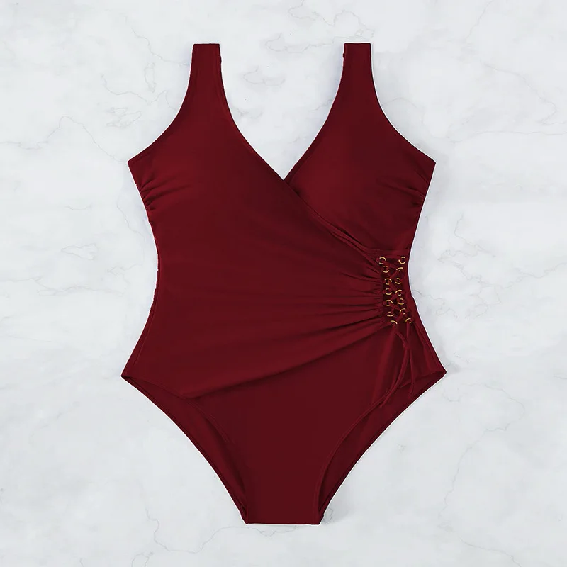 Sexy vinho vermelho cruz maiôs uma peça bandagem cordão gravata biquínis roupa de banho bodysuits feminino biquini fatos de banho tankini