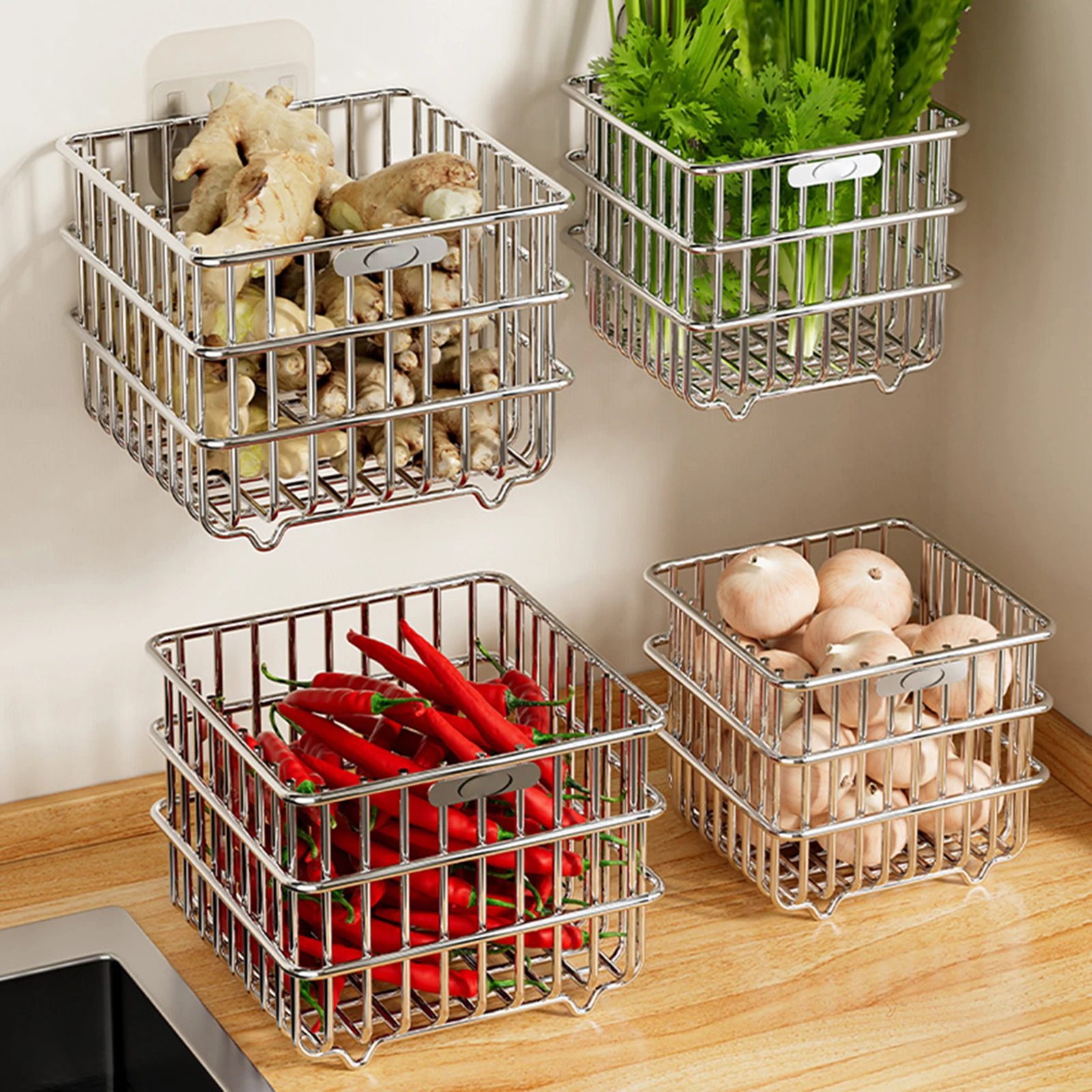 Stainless Steel Fruits Vegetables Wall Hanging Basket Kitchen Onion Potato Storage Bin Ventilated Wire Design Storage