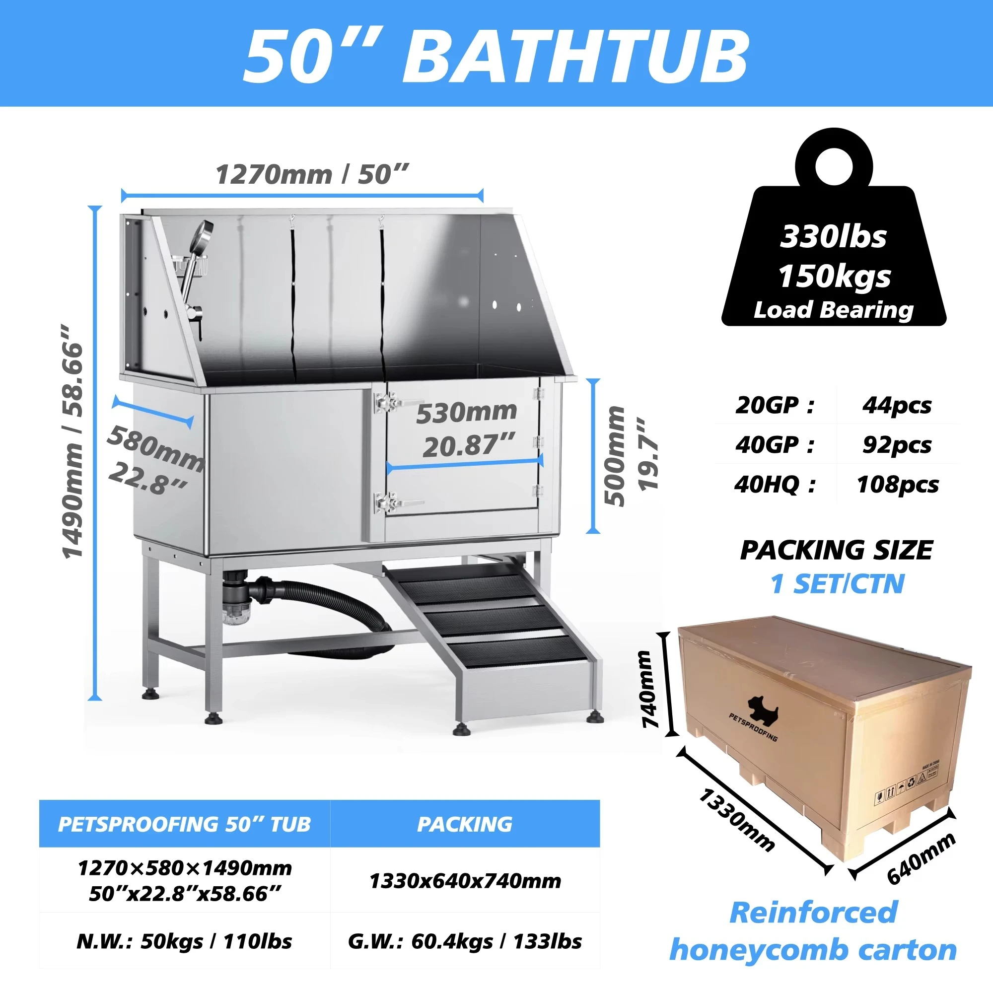 Multifunction 50 Inch Professional Large Stainless Steel Pet Dog Wash Bathing Grooming Tub with Faucet Walk-in Ramp for Sale