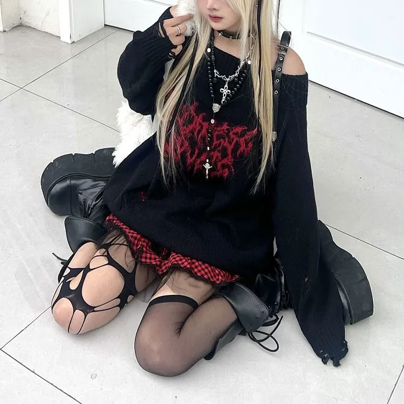 

Halloween Vintage Slash Neck Sweaters Autumn Winter Long Sleeve Female Clothing Fashionable Off Shoulder Loose Knitted Pullovers