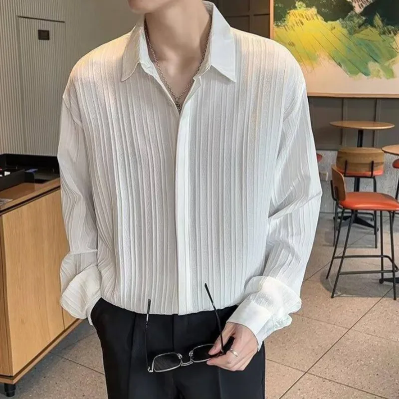 Solid Color Long Sleeved Shirt Men Slim Fit Fashion Social Mens Dress Shirt Korean Pleated Shirt Mens Casual Shirts M-2XL