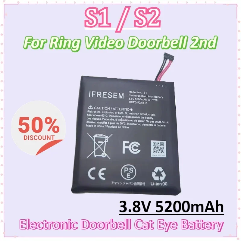 

2PCS 3.8V 5200mAh for Ring Video Doorbell 2nd Generation Release Year 2020 S1 S2 Digital Battery