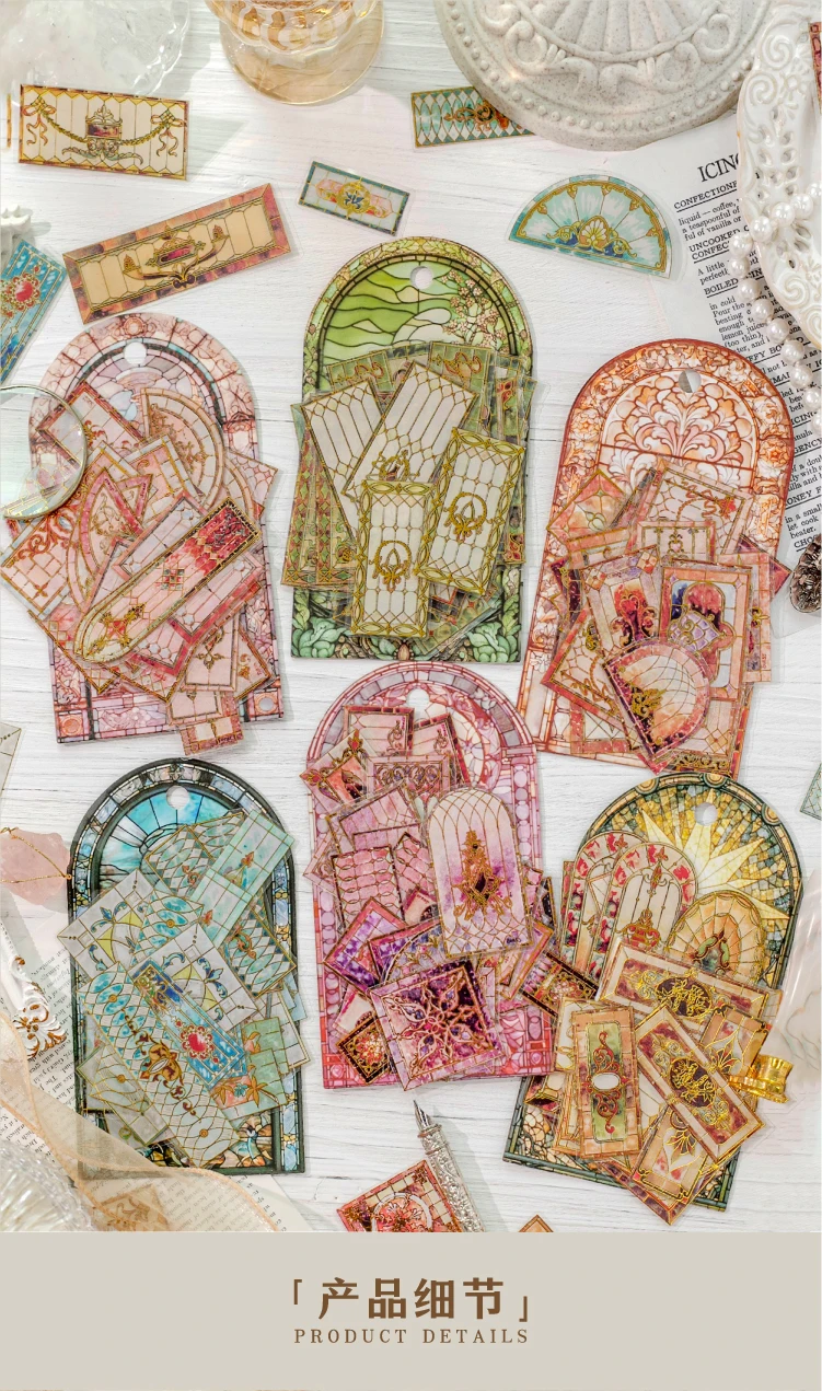 Journal GO 30 Stück Vintage wunderschöne florale Fliesen-Aufkleber mit Heißfolienprägung für Scrapbook-Karten, DIY, goldene geprägte Muster, Planer-Aufkleber – Detail 3