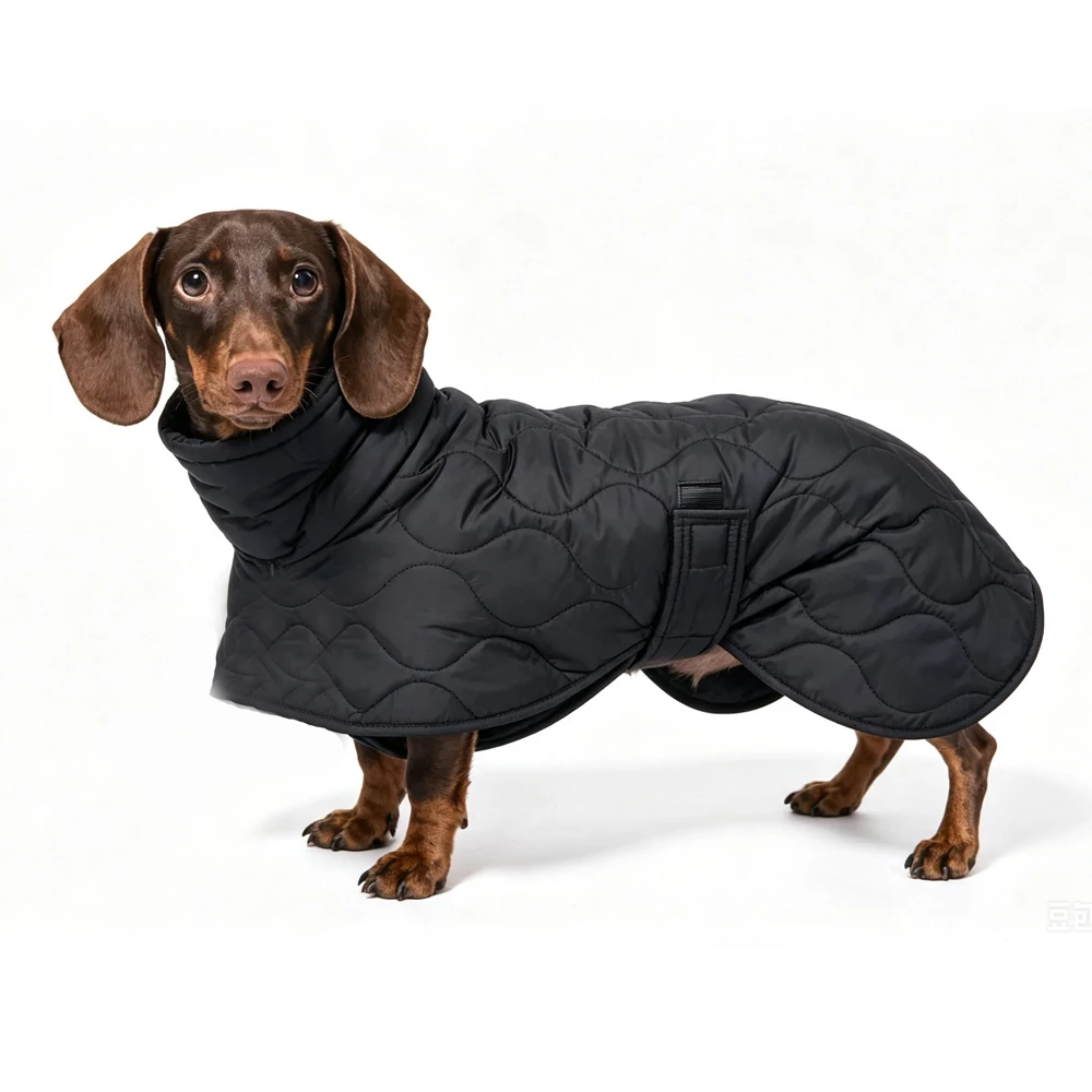 Wintercape voor honden, zwart, verstelbare tailleband, dikke katoenen jas voor teckels, winddichte warme jas voor teckels.